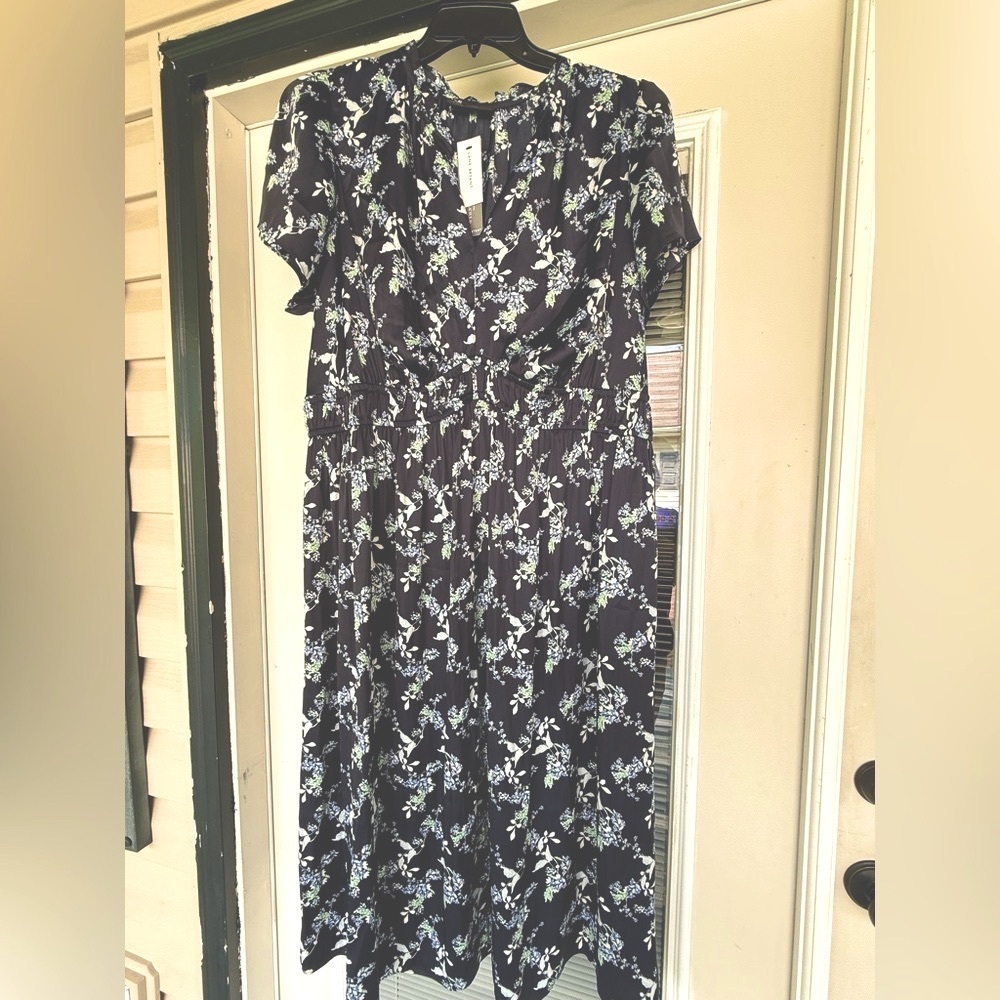 Silky Navy Floral Dress with White and Green Accents